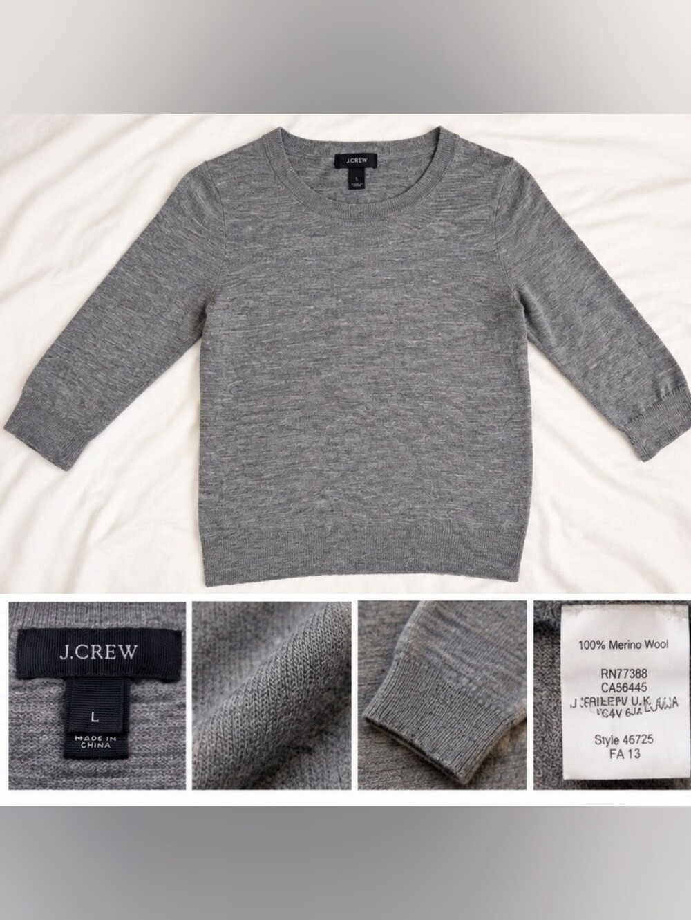 J.Crew 100% Merino Wool Gray 3/4 Sleeve Sweater Large L